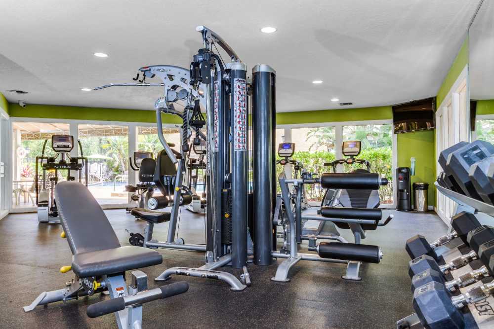 Community fitness center with weight machines and dumbbells at Coopers Pond in Tampa, Florida