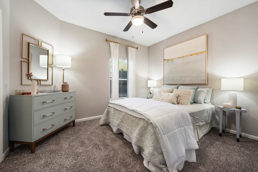 A spacious apartment bedroom at Chace Lake Villas in Birmingham, Alabama