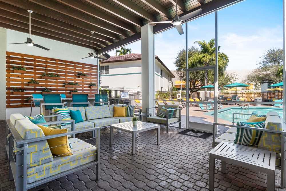 Patio lounge by the pool at Nova Central Apartments in Davie, Florida