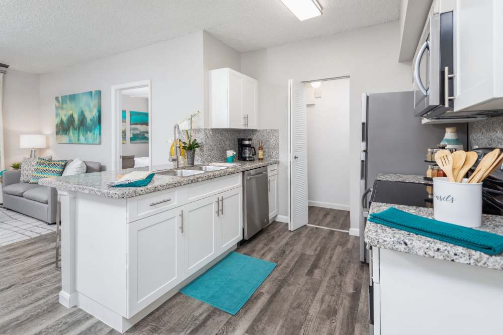 Apartment kitchen with hardwood floors and major appliances at Nova Central Apartments in Davie, Florida