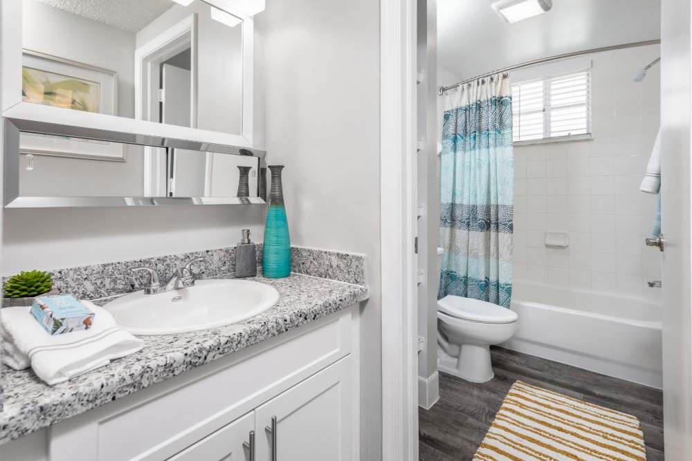 Apartment bathroom with large vanity mirror, bathtub shower, and toilet at Nova Central Apartments in Davie, Florida