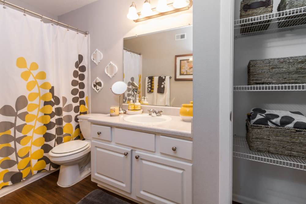 Apartment bathroom with large mirror vanity at Legend Oaks in Tampa, Florida