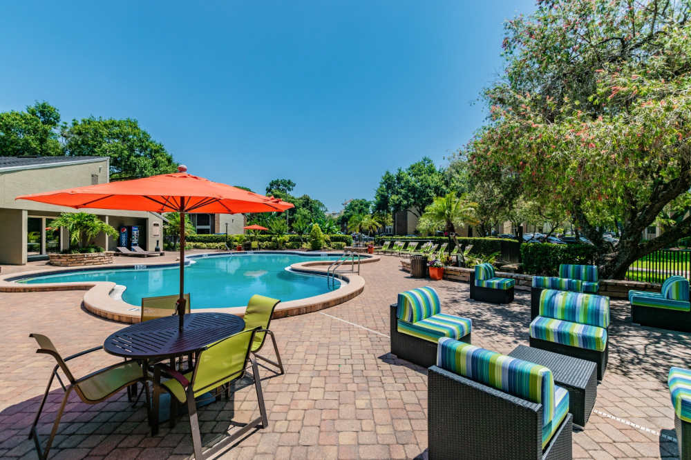 Luxury community pool with patio seating at Legend Oaks in Tampa, Florida