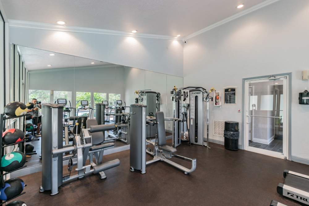 Community gym with weight machines at Legend Oaks in Tampa, Florida
