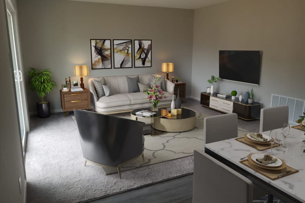 A furnished apartment living room at Cambridge Place Apartments in Montgomery, Alabama