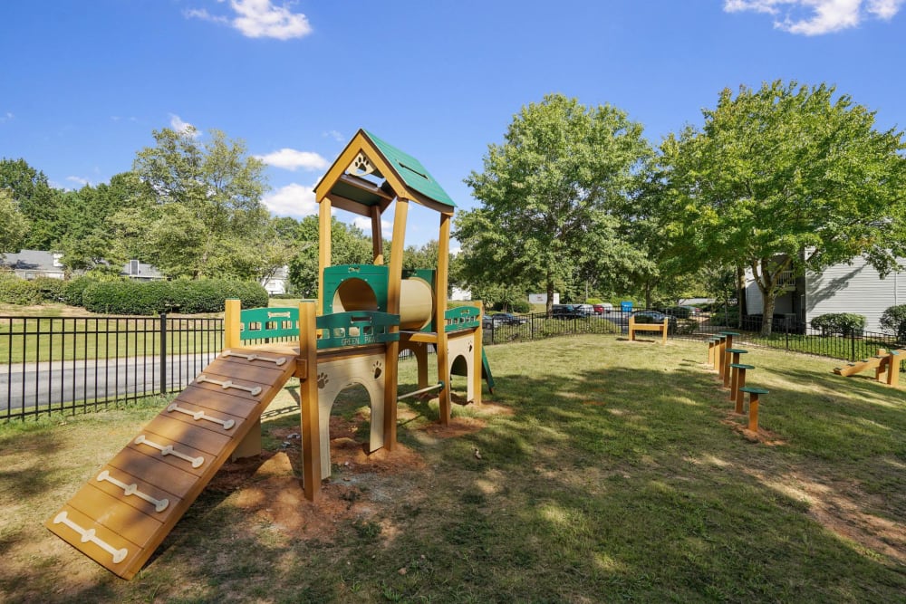 An agility course in the dog park at Five7Five in Austell, Georgia