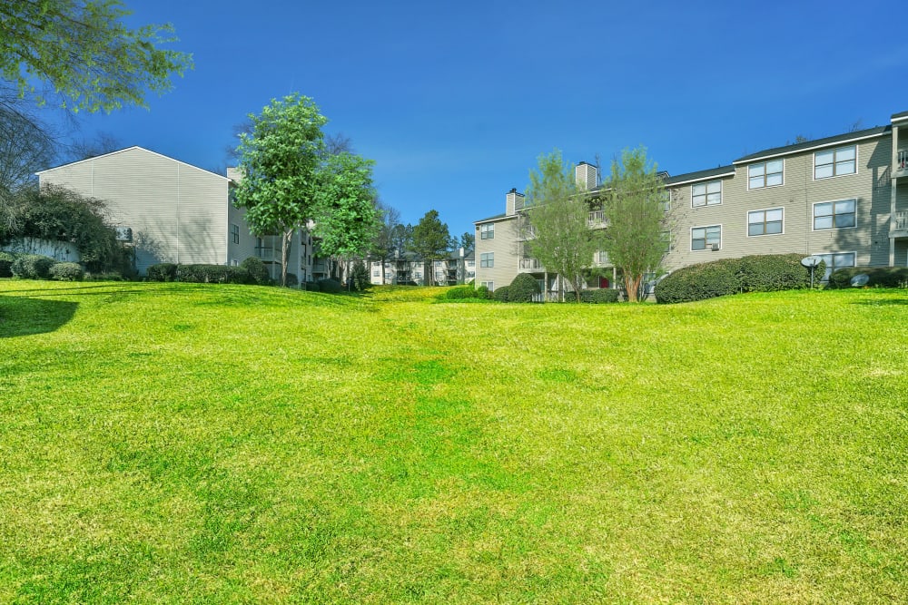 A manicured lawn next to apartment buildings at Five7Five in Austell, Georgia