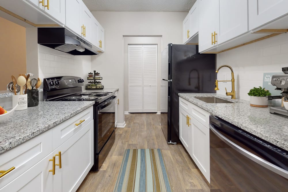 An upgraded apartment kitchen at Five7Five in Austell, Georgia