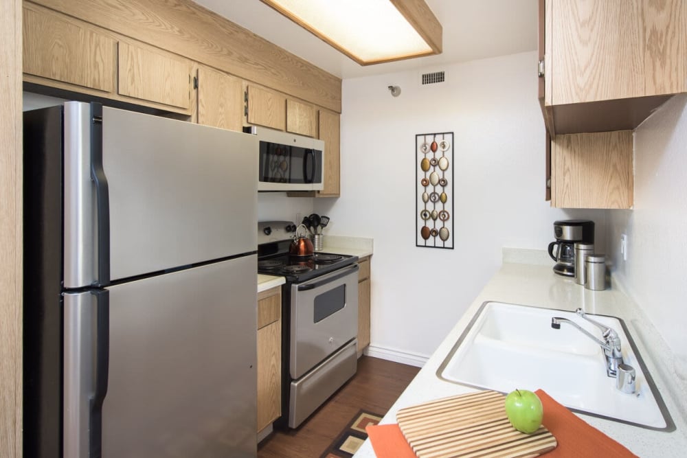 Hallway apartment kitchen at Promenade Towers in Los Angeles, California