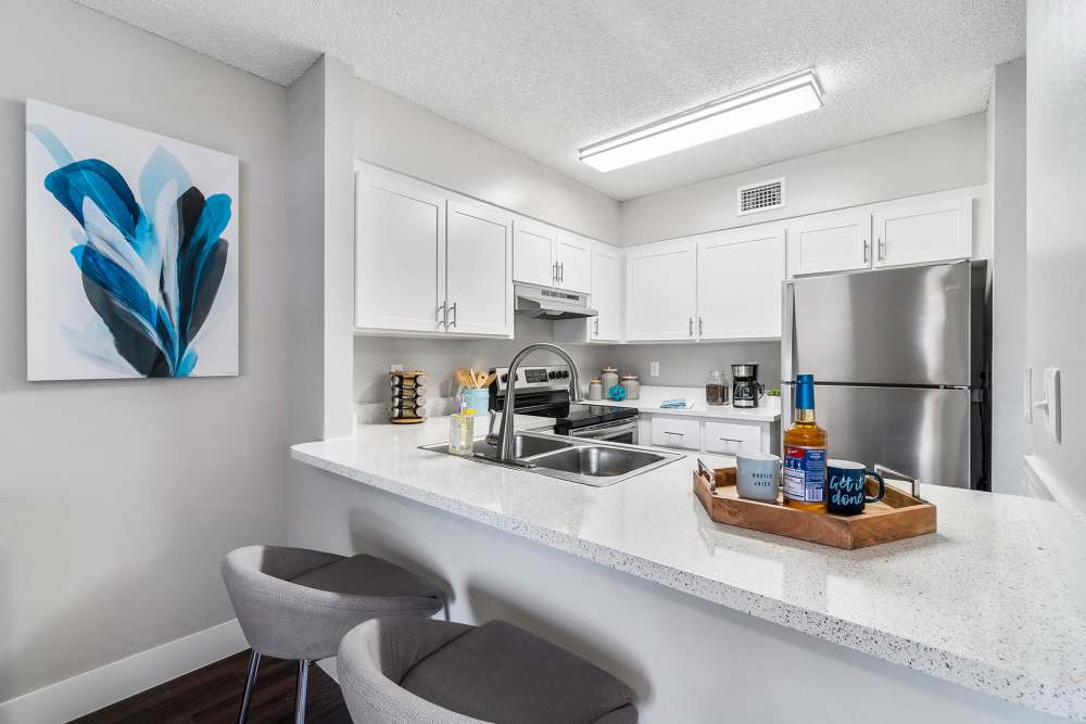 Apartment kitchen with white counters and cabinets at Boynton Place Apartments in Boynton Beach, Florida