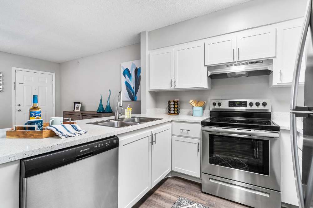 Bright apartment kitchen with stainless-steel appliances at Boynton Place Apartments in Boynton Beach, Florida