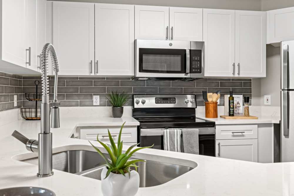 Apartment kitchen with modern appliances at Pointe Parc at Avalon in Orlando, Florida