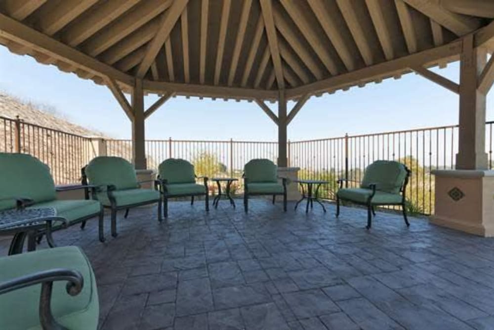 Outdoor covered seating at Mirandela in Rancho Palos Verdes, California