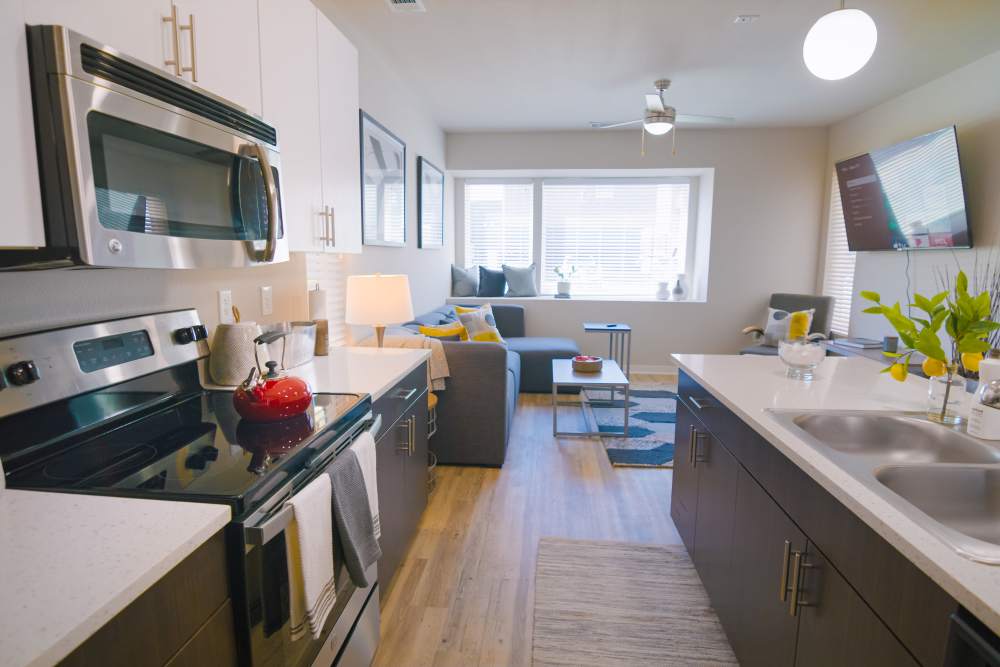 Apartment kitchen with stainless-steel double basin sink at College Town Fayetteville in Fayetteville, Arkansas