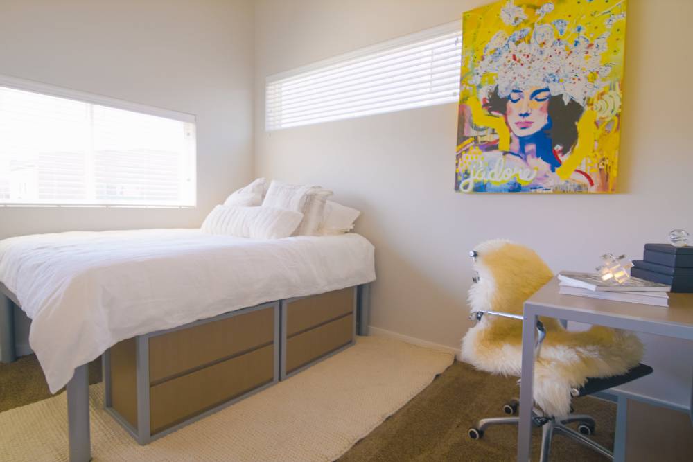 Carpeted bedroom with twin size bed and desk space at College Town Fayetteville in Fayetteville, Arkansas