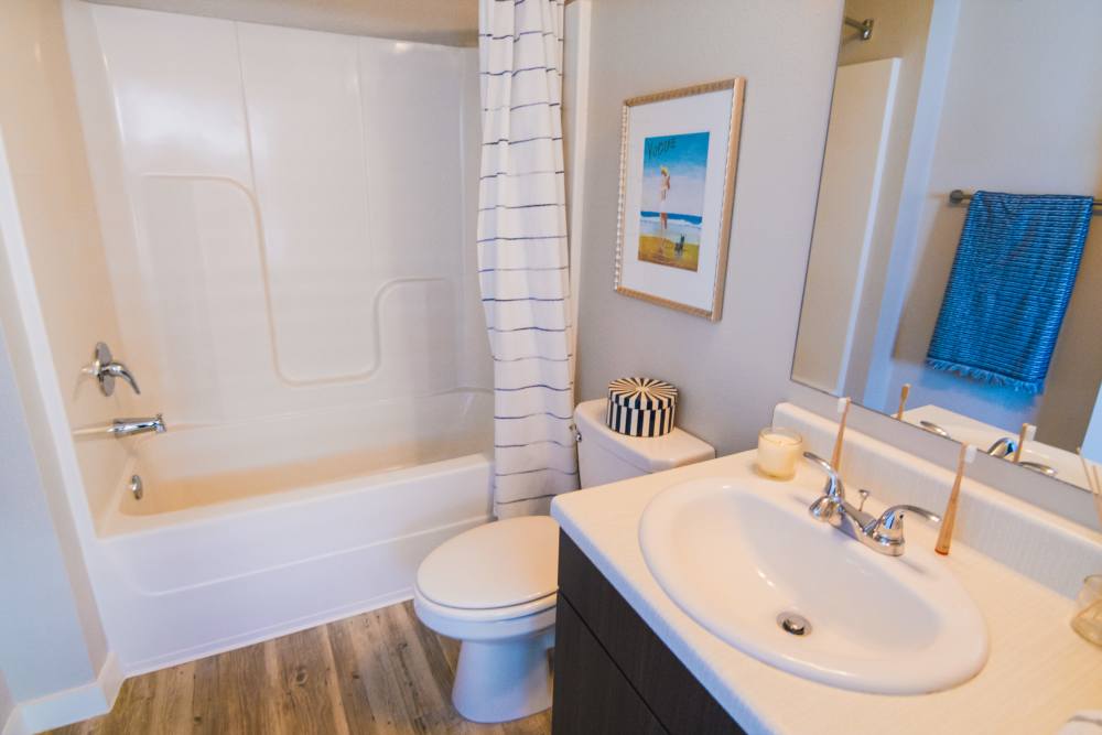 Apartment bathroom with full tub and shower at College Town Fayetteville in Fayetteville, Arkansas