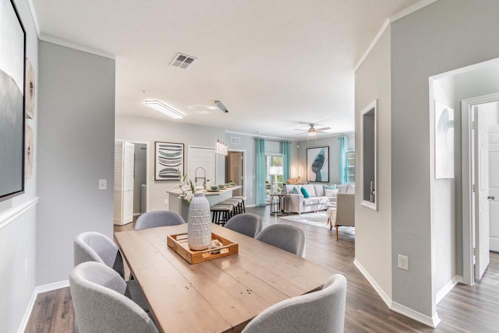 Open concept apartment layout with hardwood floors at The Parq at Cross Creek in Tampa, Florida