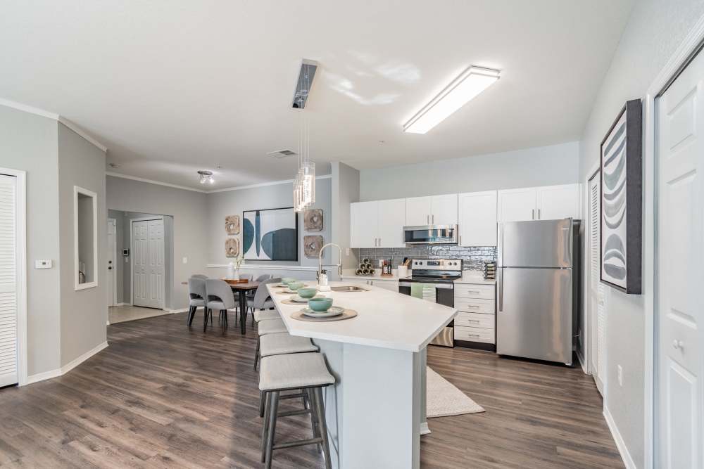 Apartment kitchen with plenty of counterspace and stainless steel appliances at The Parq at Cross Creek in Tampa, Florida