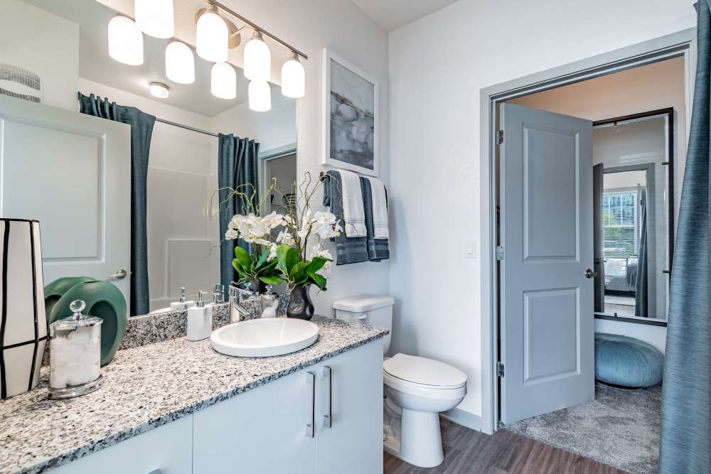 Apartment bathroom with large mirror, sink, and toilet at Vue on Lake Monroe in Sanford, Florida