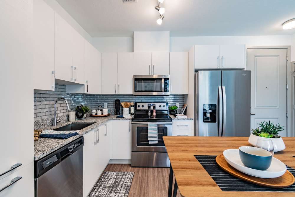 Apartment kitchen with stainless steel appliances at Vue on Lake Monroe in Sanford, Florida