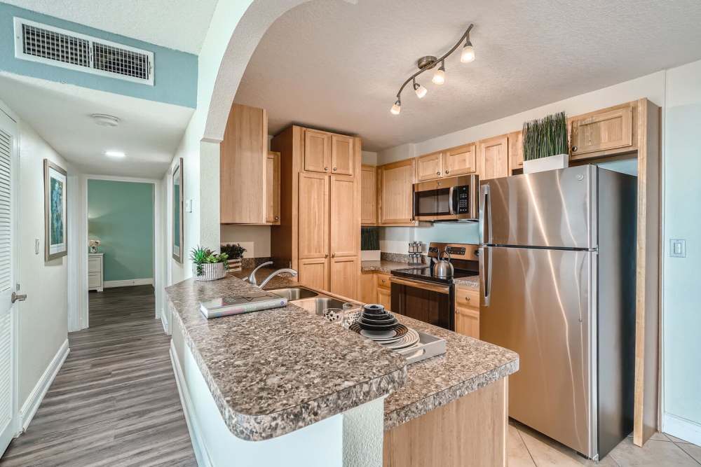 Apartment kitchen with granite counters and stainless steel appliances at Waters Pointe in South Pasadena, Florida