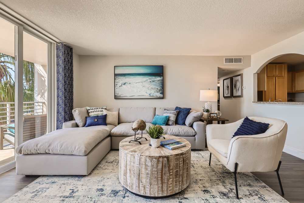 Apartment living room with sectional sofa and large area rug at Waters Pointe in South Pasadena, Florida