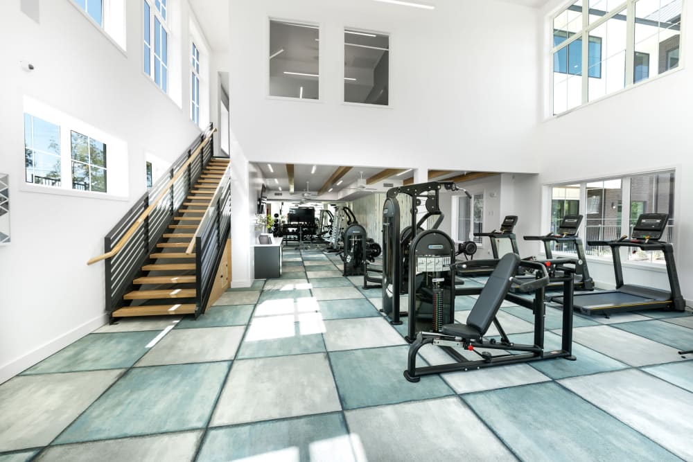 24 hour multi level fitness center with strength training equipment and cardio at The Bennett in Austin, Texas