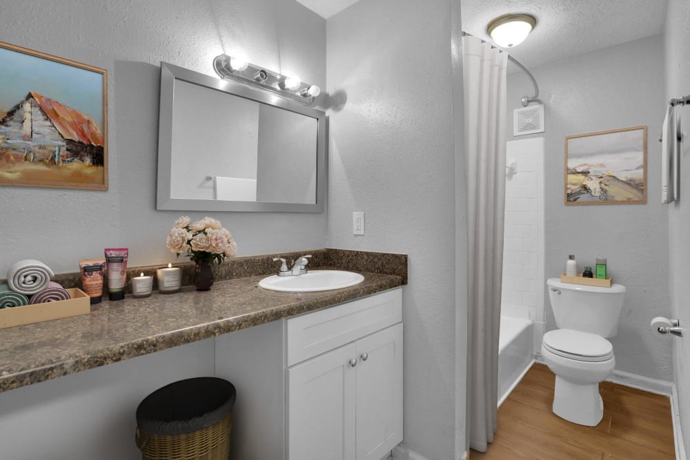 Plenty of counterspace in an apartment bathroom at Residence at Riverside in Austell, Georgia