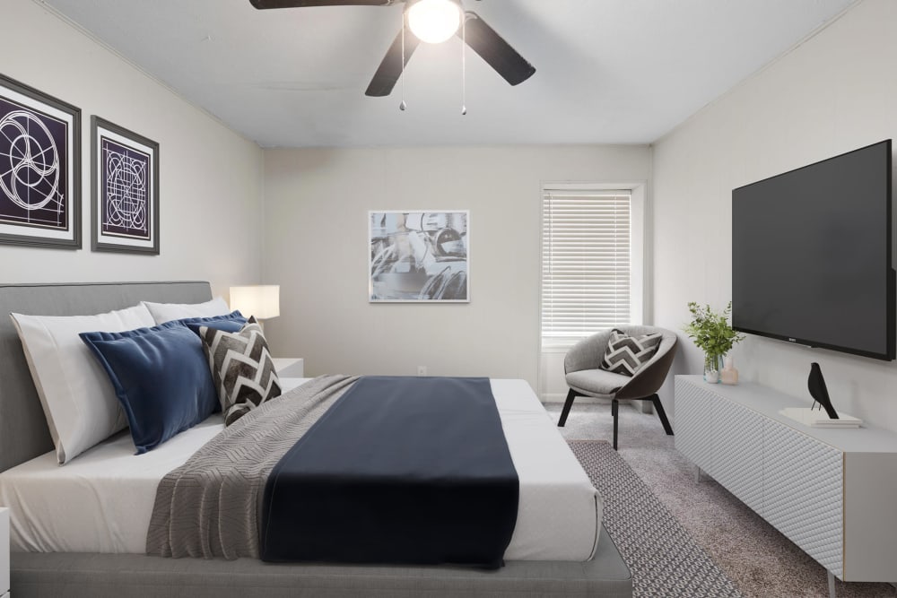 A ceiling fan in a furnished apartment bedroom at Spring Creek Apartment Homes in Decatur, Georgia