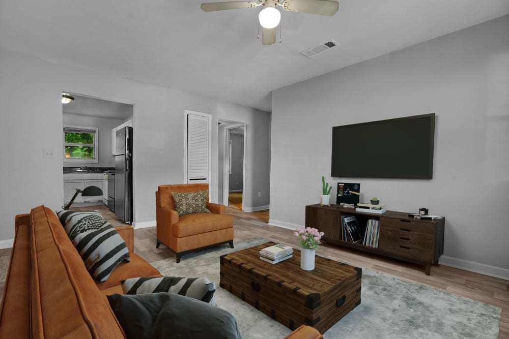 A furnished apartment living room at Stanton View Apartments in Atlanta, Georgia
