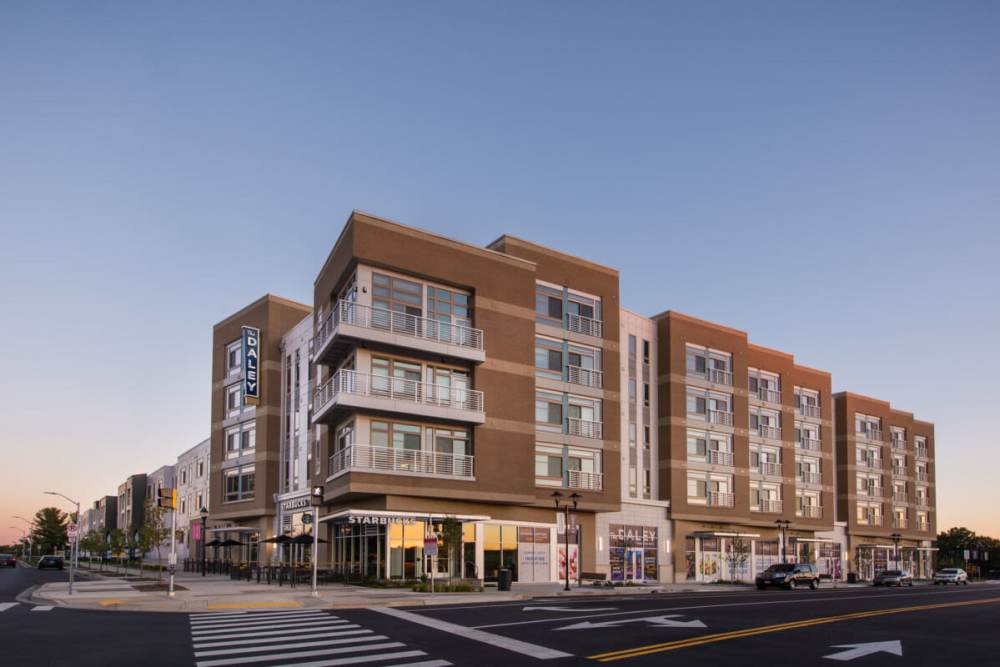 Exterior of the apartment building at The Daley at Shady Grove Metro in Rockville, Maryland