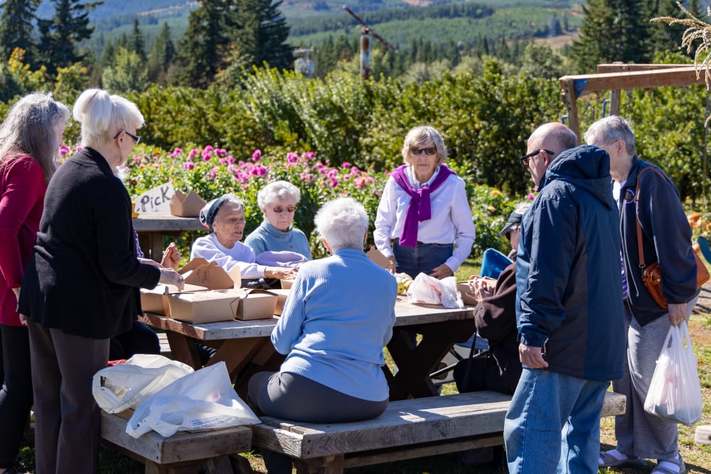 Elderly residents arranging brown food packs at Cherry Park Plaza in Troutdale, Oregon