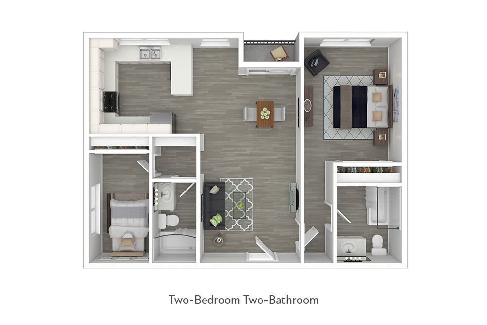 Two-bedroom two-bathroom floor plan at Sunset Barrington Gardens