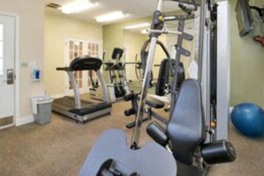 Carpeted fitness center with treadmill at Garden Grove in Sarasota, Florida