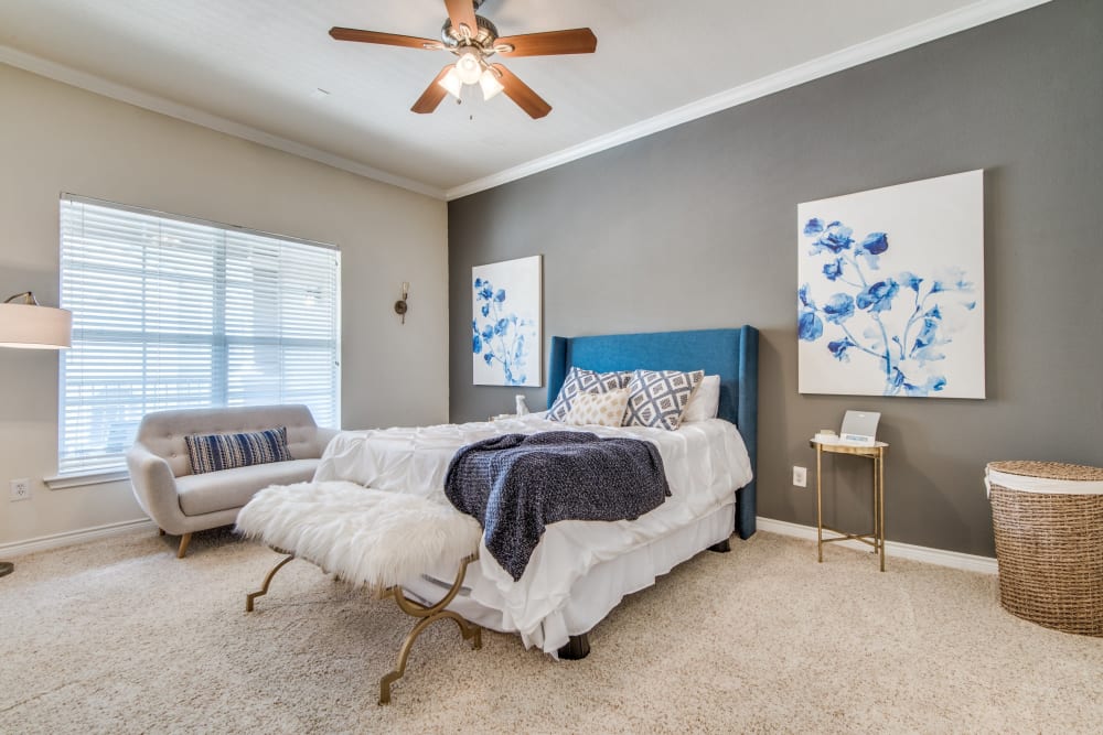 Model bedroom with ceiling fan at The Anthony at Canyon Springs in San Antonio, Texas