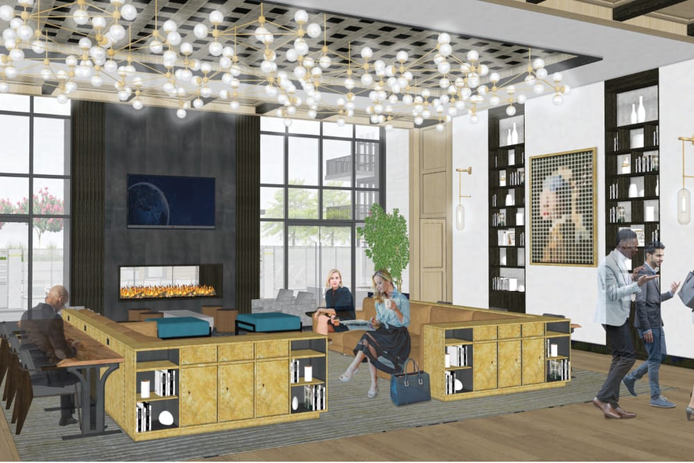 Concept rendering of the resident lounge with a large gas fireplace in the clubhouse at Five43 in Bel Air, Maryland