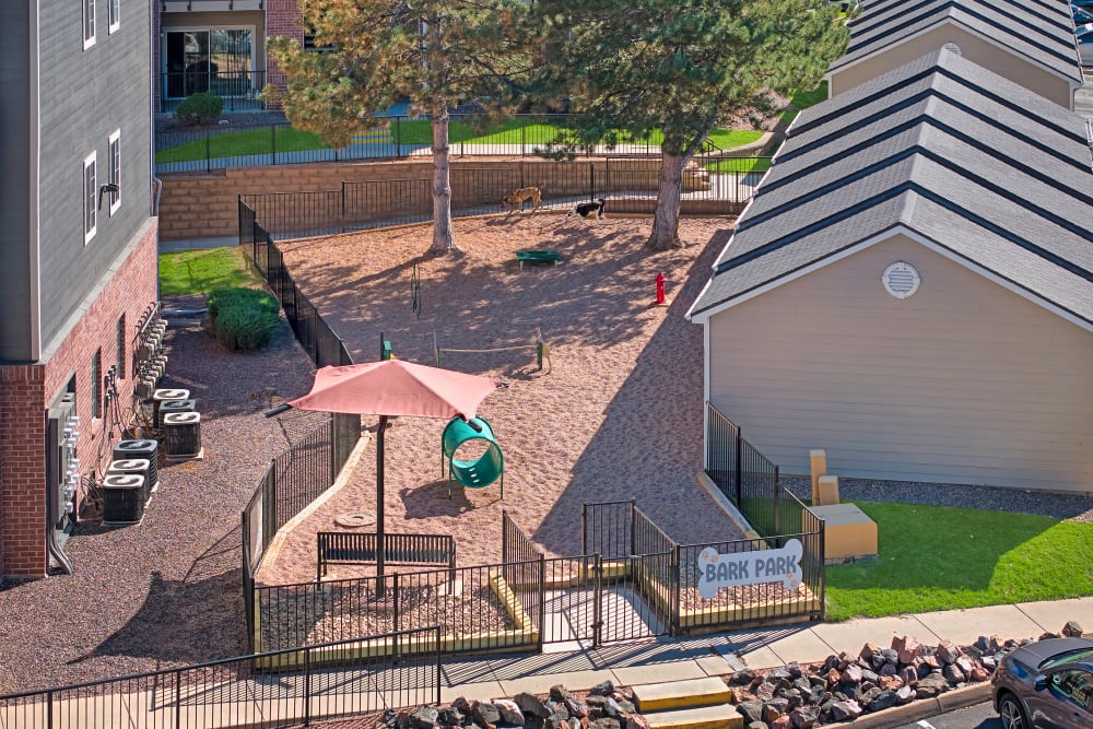 Have fun with your furry friend in the dog park at The Crossings at Bear Creek Apartments in Lakewood, Colorado