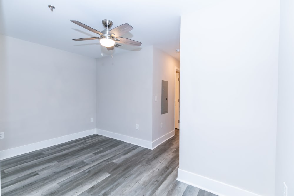Bedroom with a ceiling fan in an unfurnished apartment at The Belaire in Marietta, Georgia
