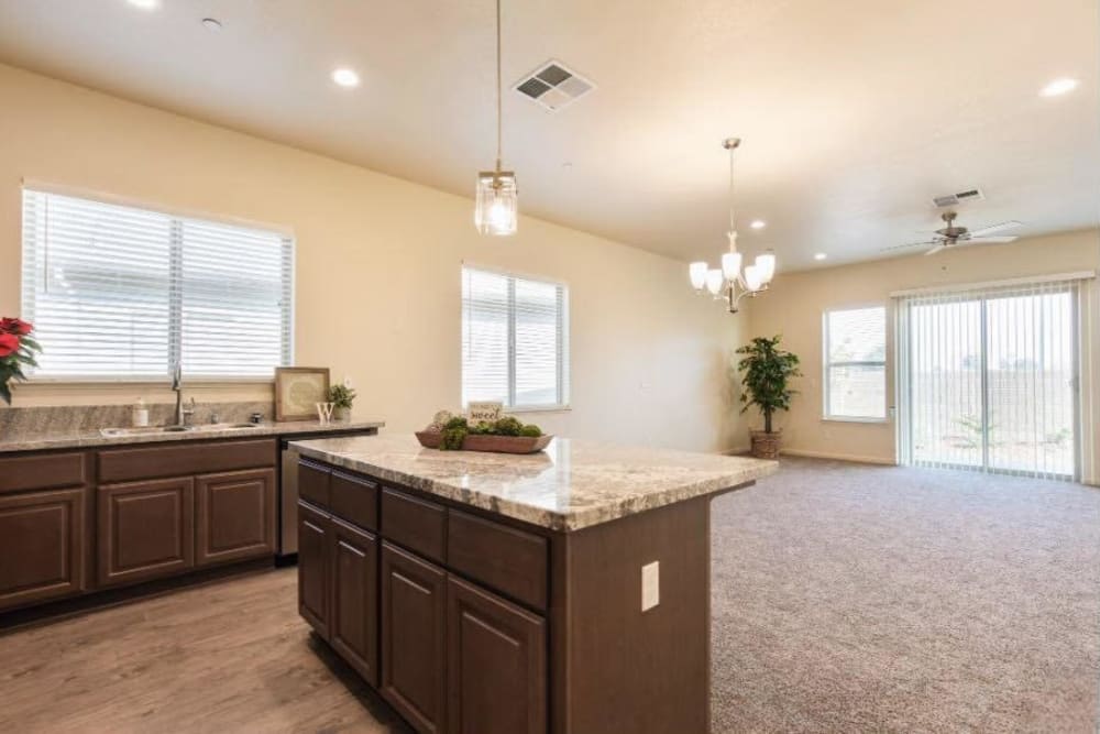 Kitchen and living room at Wisdom Place in Modesto, California
