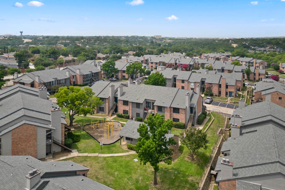 Aerial view housing community at The Carling on Frankford in Carrollton, Texas