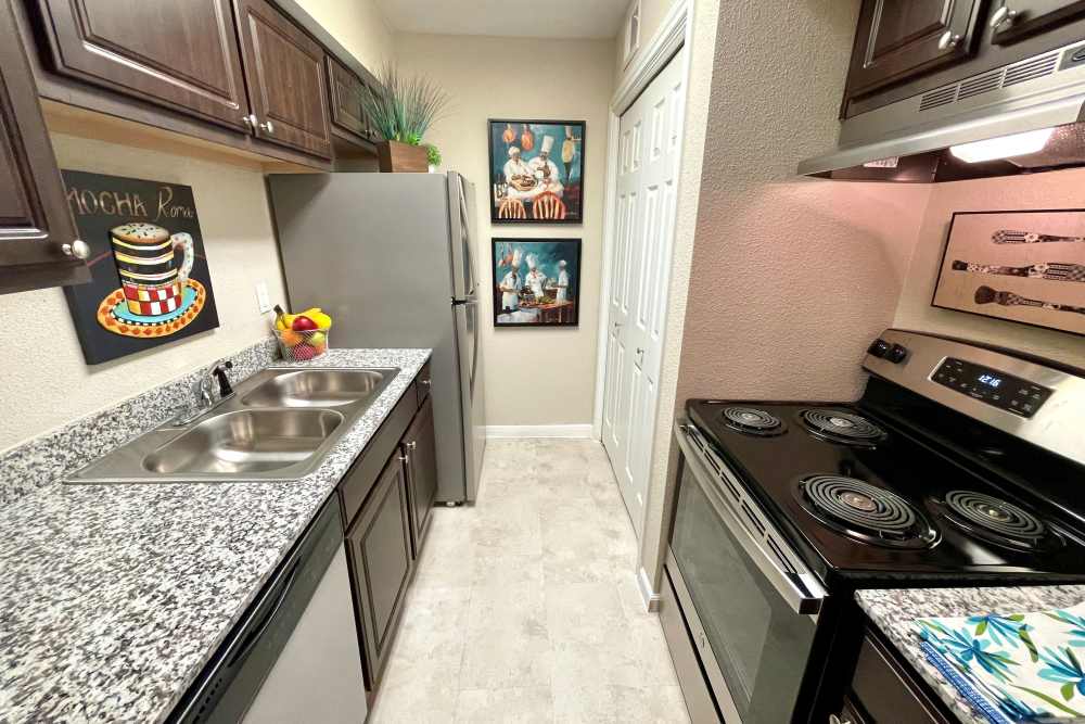 Modern kitchens with appliances at The Abbey at Conroe in Conroe, Texas