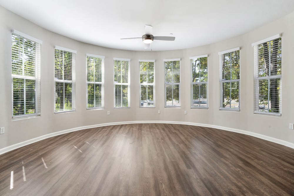 Large living with with many windows and hardwood-style floors at Park Central in Concord, California
