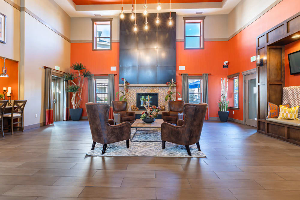 Leasing Office interior featuring high ceilings in bright accent colors at Meadowbrook Station Apartments in Salt Lake City, Utah