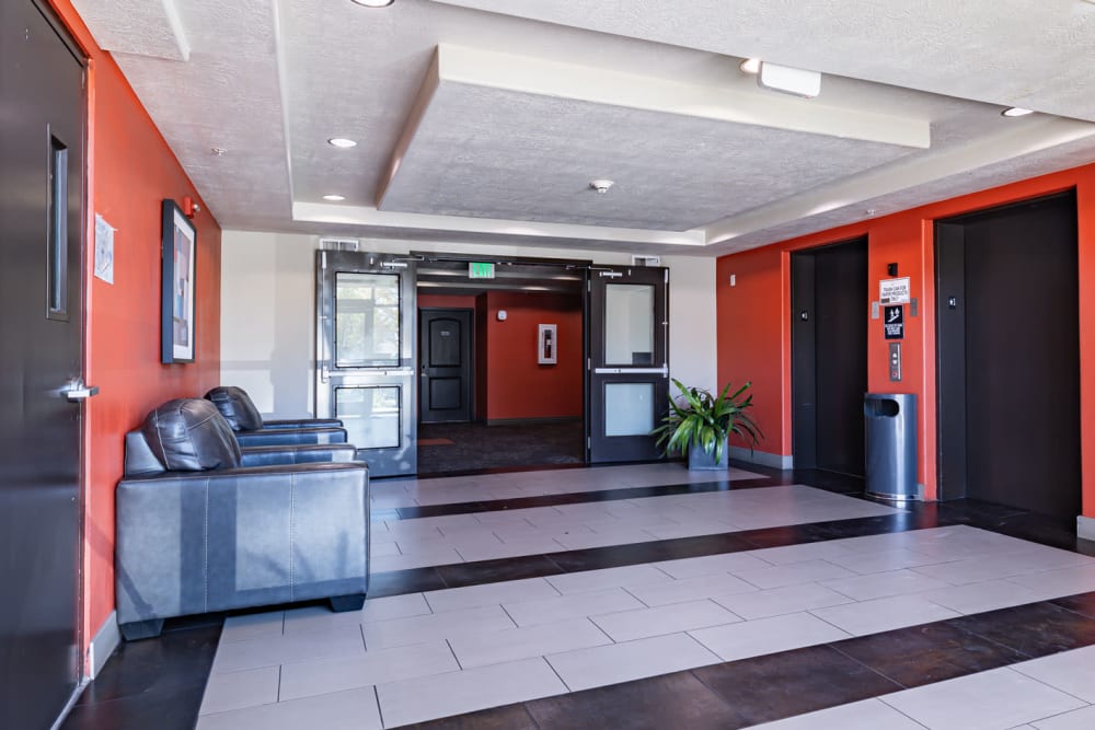 Lobby and elevators at Meadowbrook Station Apartments in Salt Lake City, Utah
