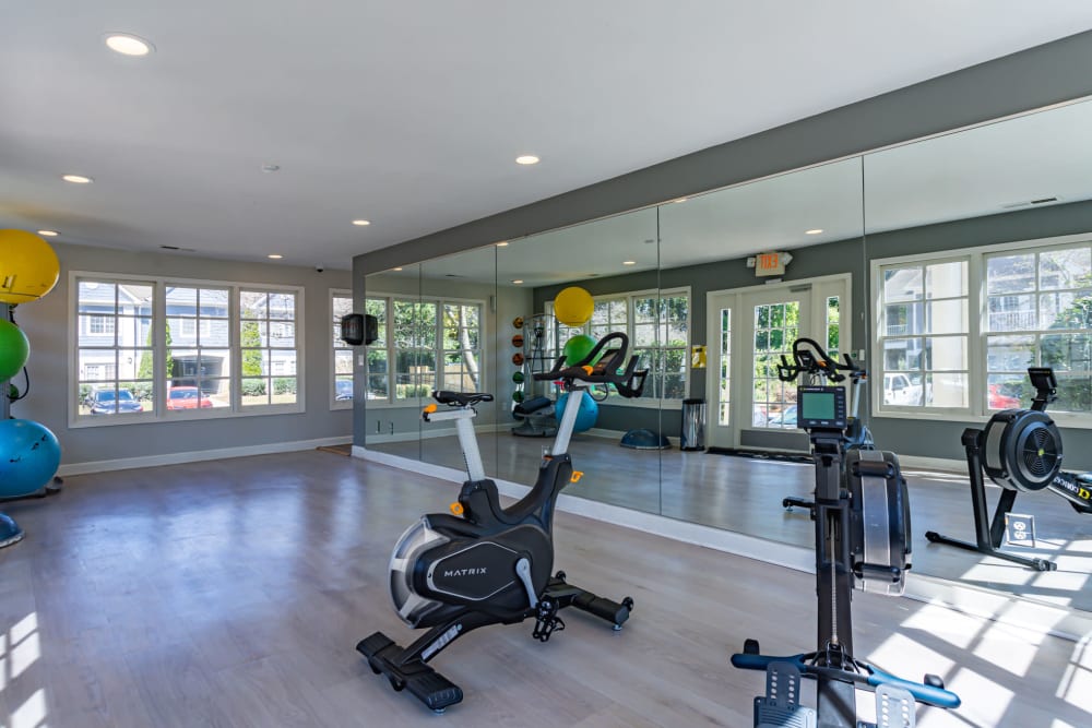 Fitness center with large windows for ample natural light in modern fitness equipment at 865 Bellevue Apartments in Nashville, Tennessee.