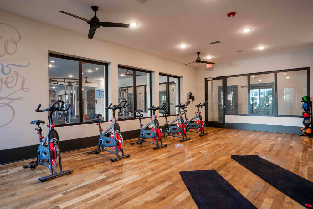 Fitness center at Bluebird Row in Chattanooga, Tennessee features spin cycle workout room