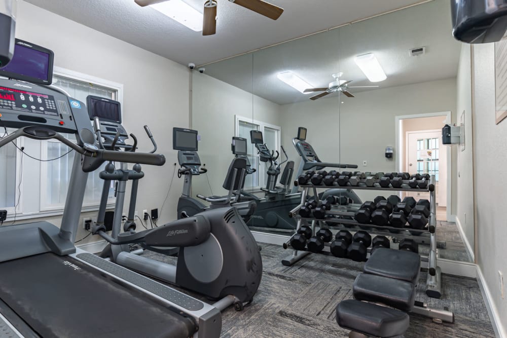 Fitness center at Mountain View Apartment Homes in Colorado Springs, Colorado features a variety of modern workout equipment.