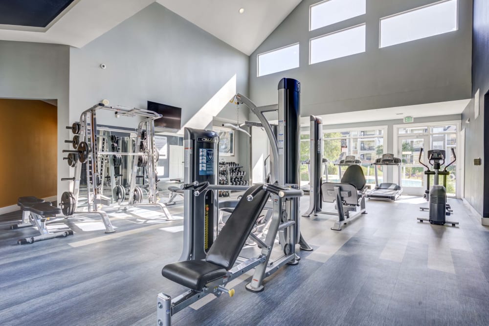Fitness center at The Pines at Castle Rock Apartments in Castle Rock, Colorado features of variety of modern workout, equipment, and high ceilings.