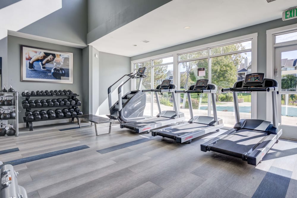 Fitness center at The Pines at Castle Rock Apartments in Castle Rock, Colorado features treadmill with view out large windows.