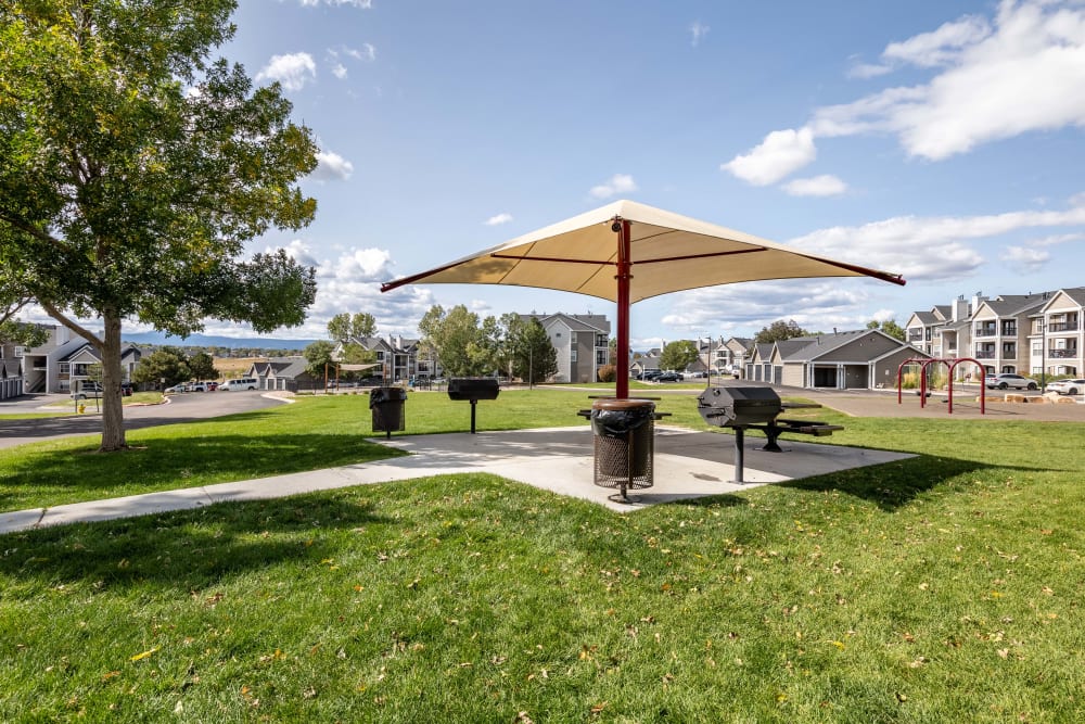 Sun shade covering barbecue area at The Pines at Castle Rock Apartments in Castle Rock, Colorado